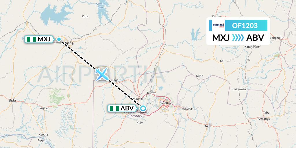 OF1203 Overland Airways Flight Map: Minna to Abuja