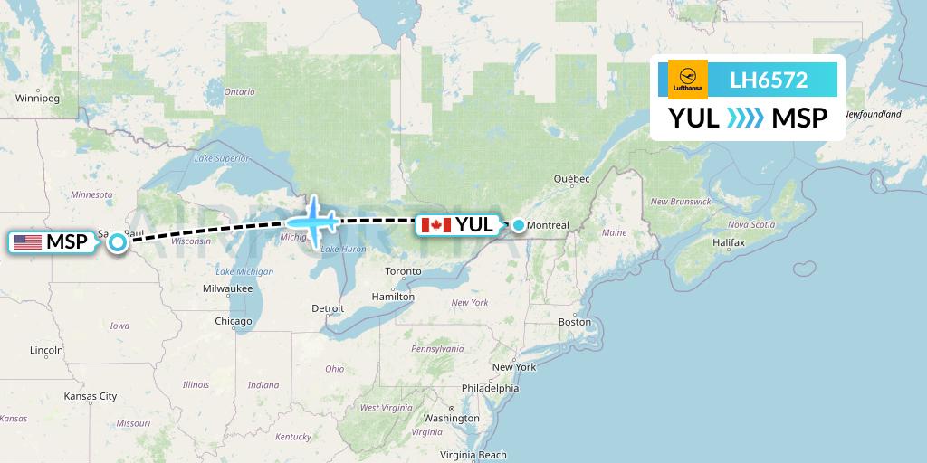 LH6572 Lufthansa Flight Map: Montreal to Minneapolis