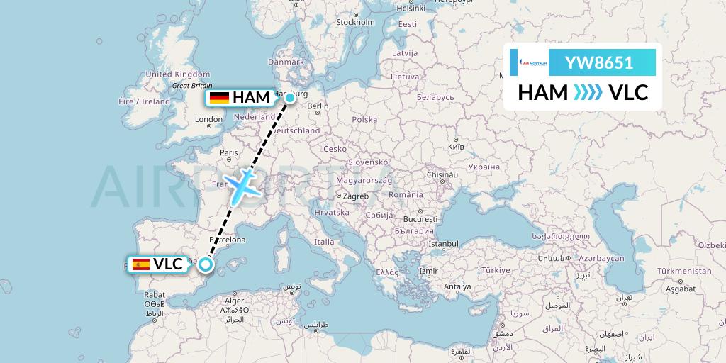 YW8651 Air Nostrum Flight Map: Hamburg to Valencia