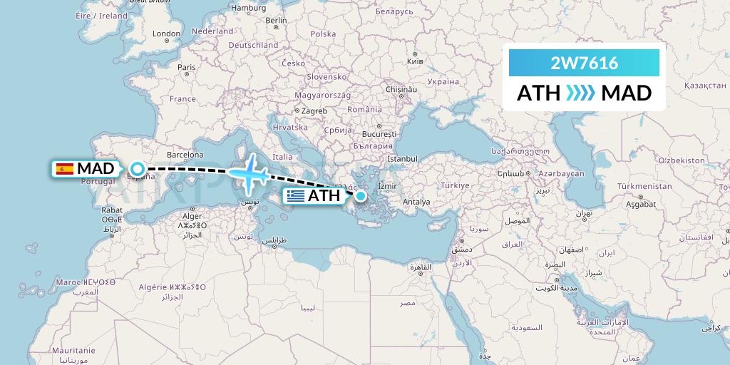 2W7616 World 2 Fly Flight Map: Athens to Madrid