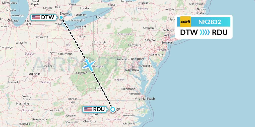 NK2832 Spirit Airlines Flight Map: Detroit to Raleigh-Durham