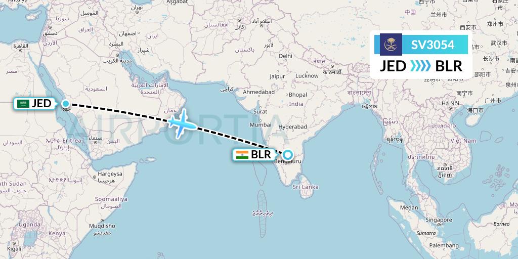 SV3054 Saudi Arabian Airlines Flight Map: Jeddah to Bangalore