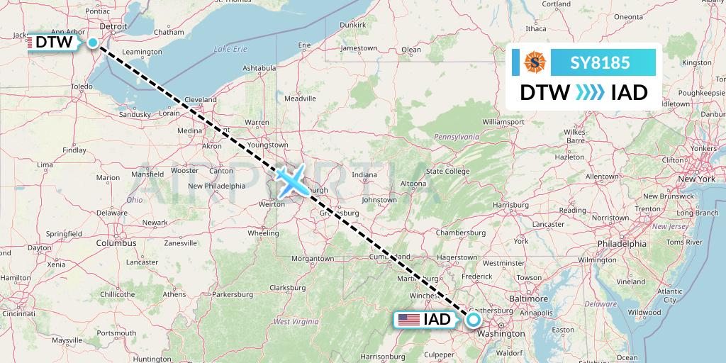 SY8185 Sun Country Airlines Flight Map: Detroit to Washington