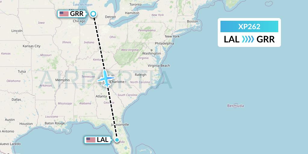 XP262 Avelo Airlines Flight Map: Lakeland to Grand Rapids