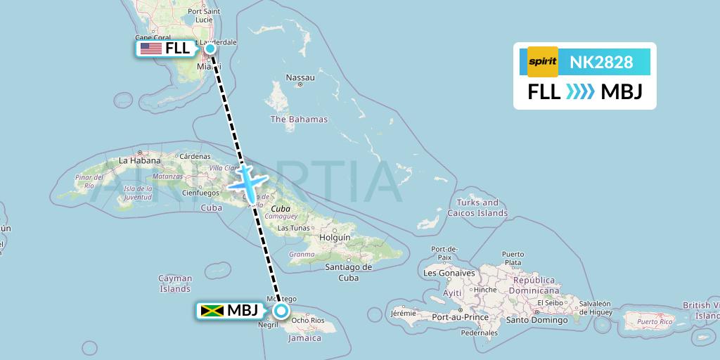 NK2828 Spirit Airlines Flight Map: Fort Lauderdale to Montego Bay