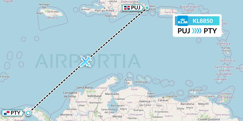KL8850 KLM Flight Map: Punta Cana to Panama City