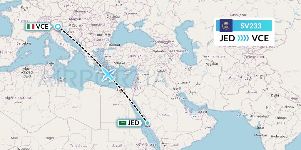 SV233 Saudi Arabian Airlines Flight Map: Jeddah to Venice