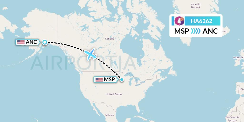 HA6262 Hawaiian Airlines Flight Map: Minneapolis to Anchorage