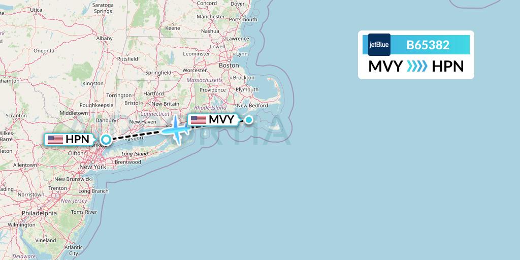 B65382 JetBlue Airways Flight Map: Martha's Vineyard to White Plains