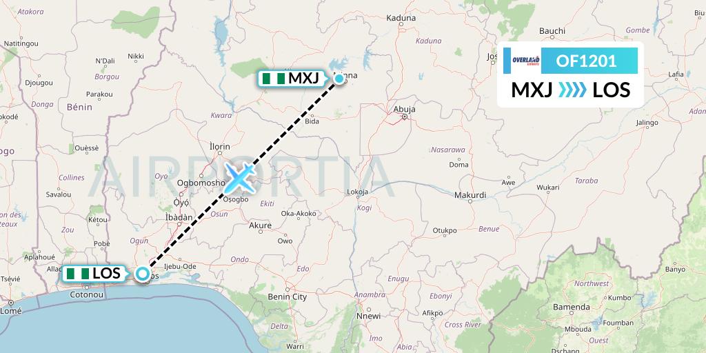 OF1201 Overland Airways Flight Map: Minna to Lagos