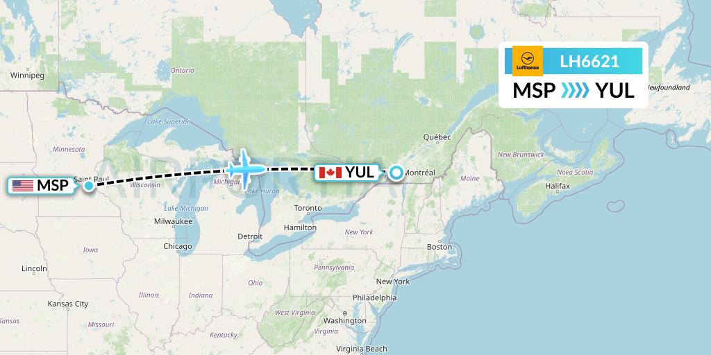LH6621 Lufthansa Flight Map: Minneapolis to Montreal