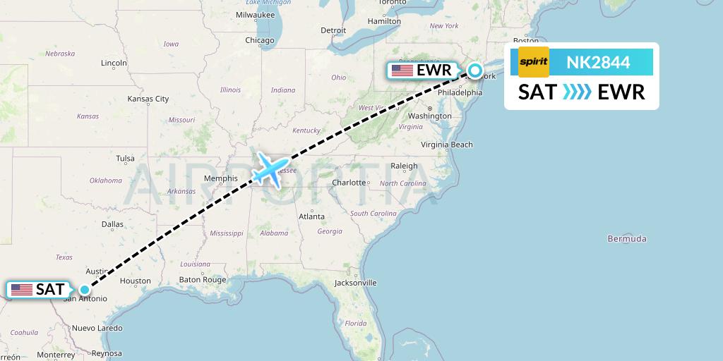 NK2844 Spirit Airlines Flight Map: San Antonio to New York