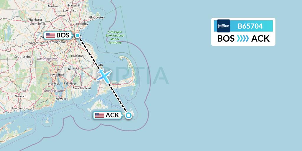 B65704 JetBlue Airways Flight Map: Boston to Nantucket