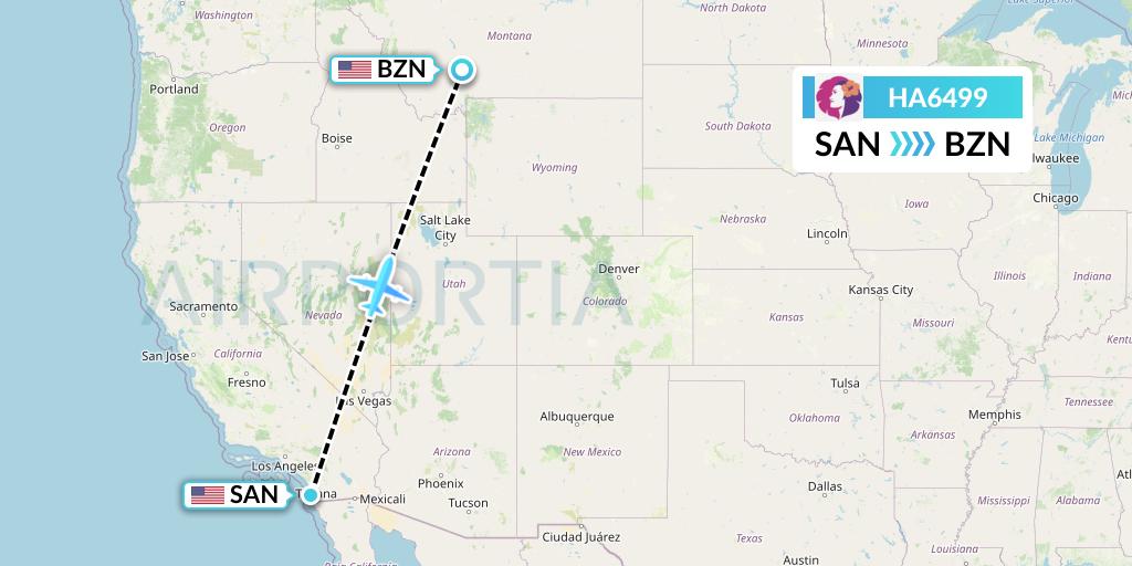 HA6499 Hawaiian Airlines Flight Map: San Diego to Bozeman