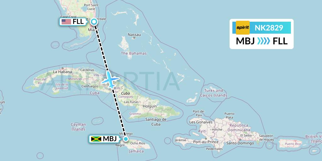 NK2829 Spirit Airlines Flight Map: Montego Bay to Fort Lauderdale