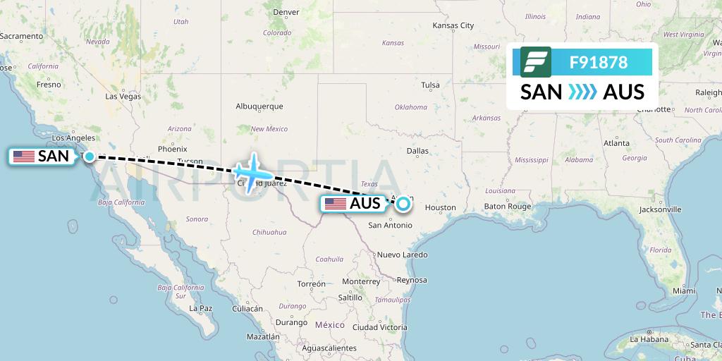 F91878 Frontier Airlines Flight Map: San Diego to Austin