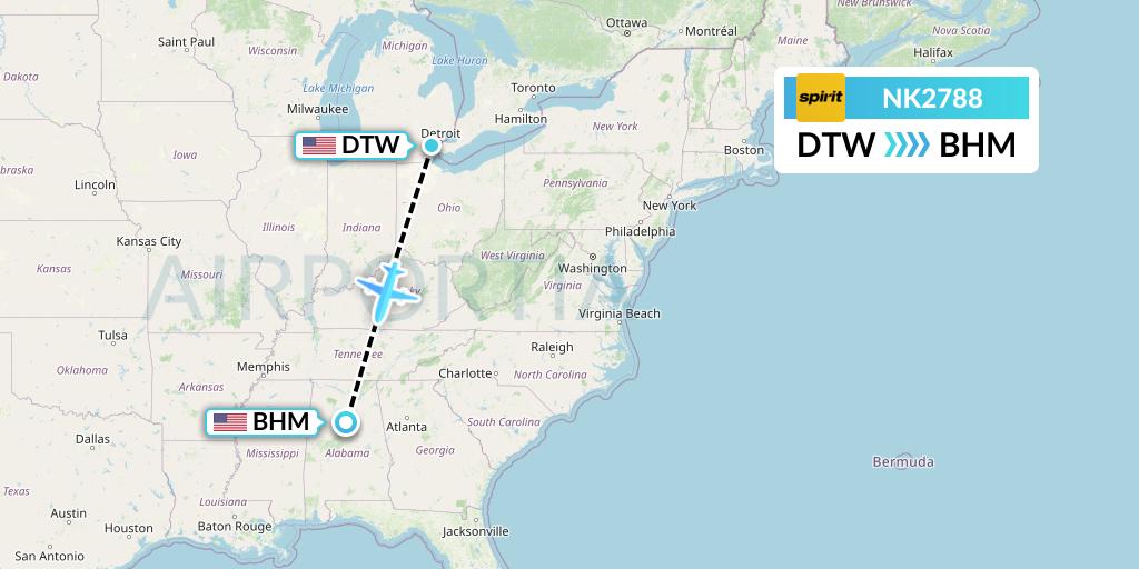 NK2788 Spirit Airlines Flight Map: Detroit to Birmingham