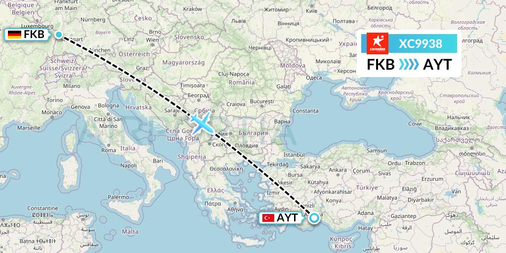XC9938 Corendon Airlines Flight Map: Karlsruhe/Baden-Baden to Antalya
