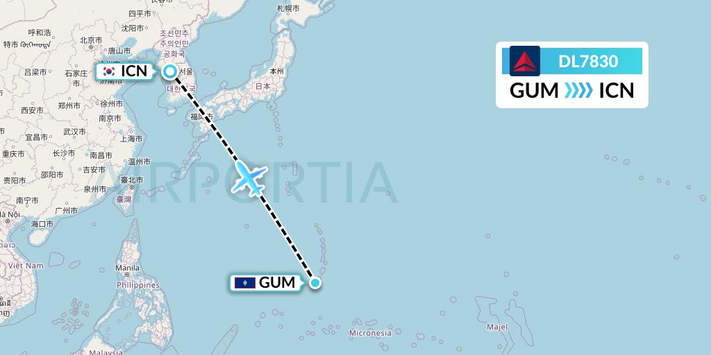DL7830 Delta Air Lines Flight Map: Guam to Seoul