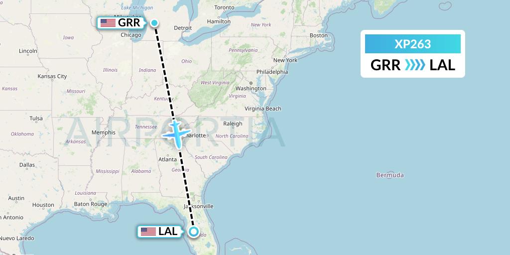 XP263 Avelo Airlines Flight Map: Grand Rapids to Lakeland