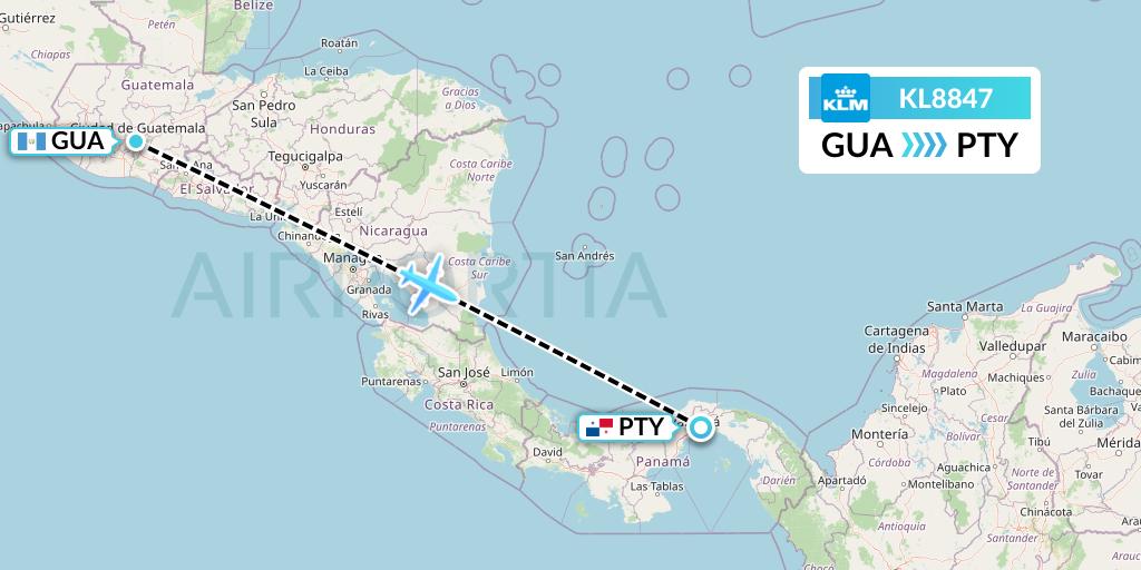 KL8847 KLM Flight Map: Guatemala City to Panama City