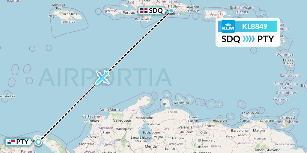 KL8849 KLM Flight Map: Santo Domingo to Panama City