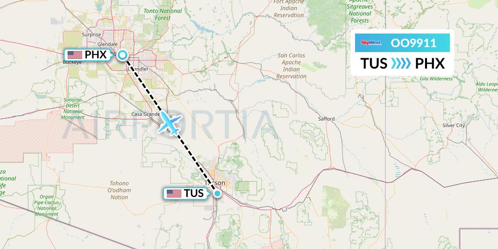 OO9911 SkyWest Airlines Flight Map: Tucson to Phoenix