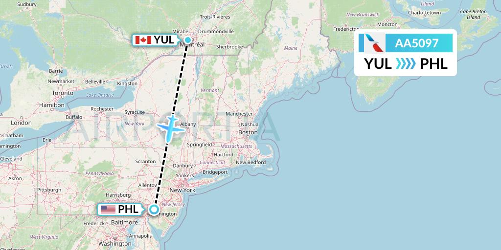 AA5097 American Airlines Flight Map: Montreal to Philadelphia