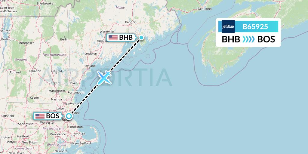 B65925 JetBlue Airways Flight Map: Bar Harbor to Boston