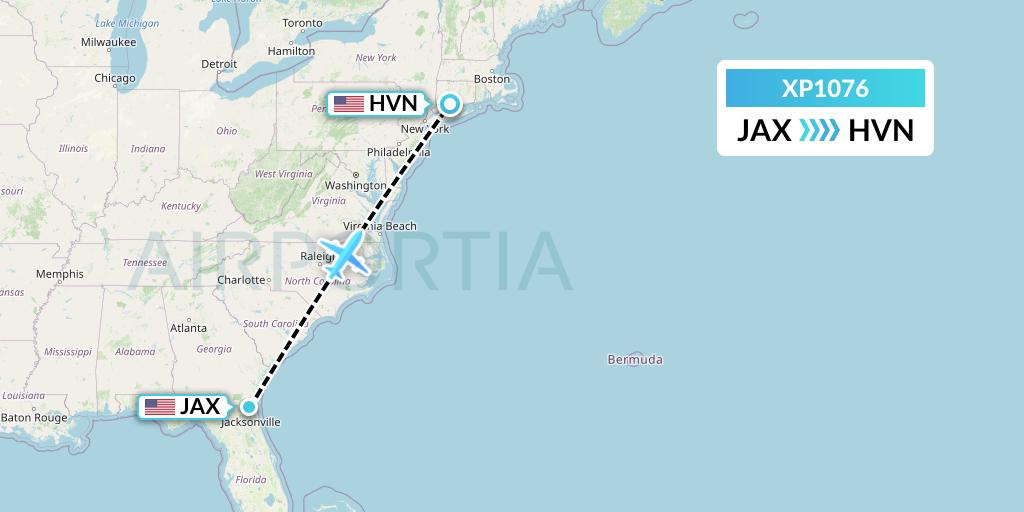XP1076 Avelo Airlines Flight Map: Jacksonville to New Haven