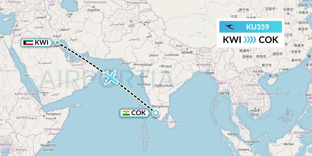 KU359 Kuwait Airways Flight Map: Kuwait City to Cochin