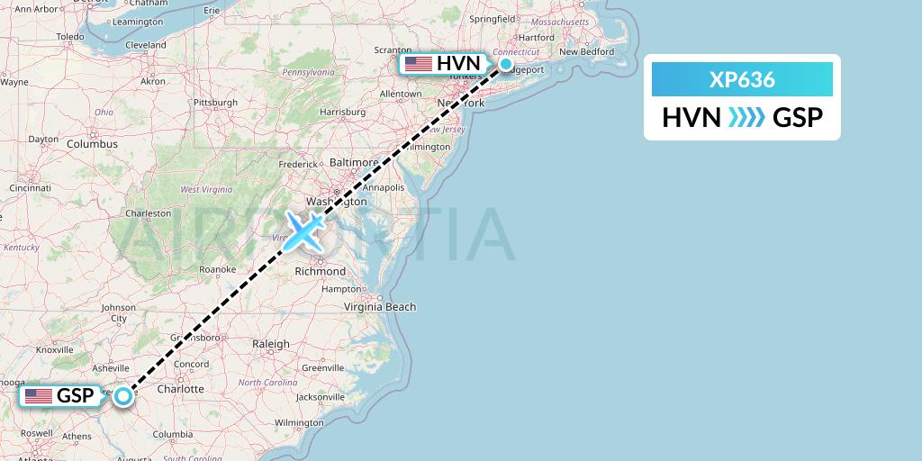 XP636 Avelo Airlines Flight Map: New Haven to Greenville-Spartanburg