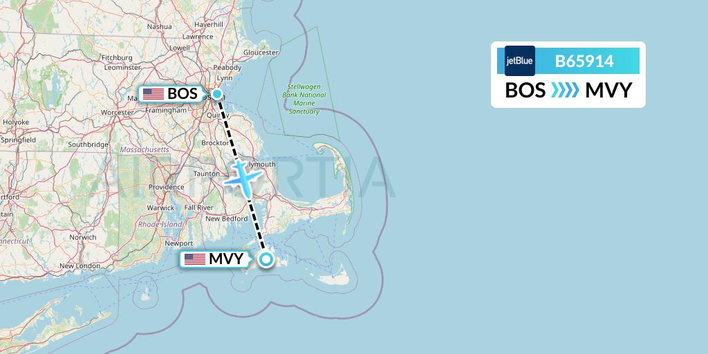 B65914 JetBlue Airways Flight Map: Boston to Martha's Vineyard