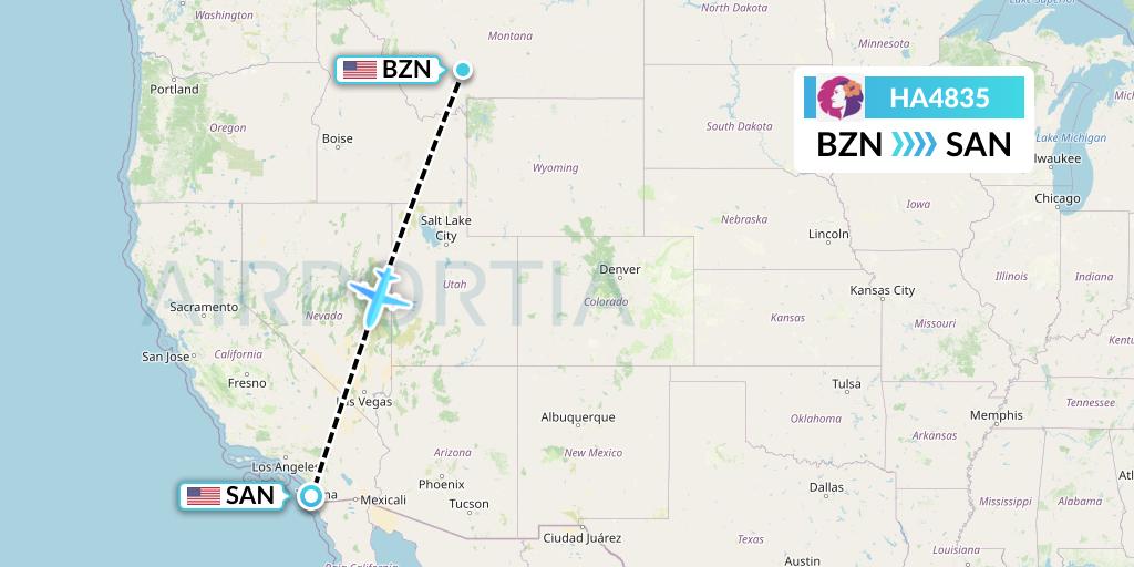 HA4835 Hawaiian Airlines Flight Map: Bozeman to San Diego