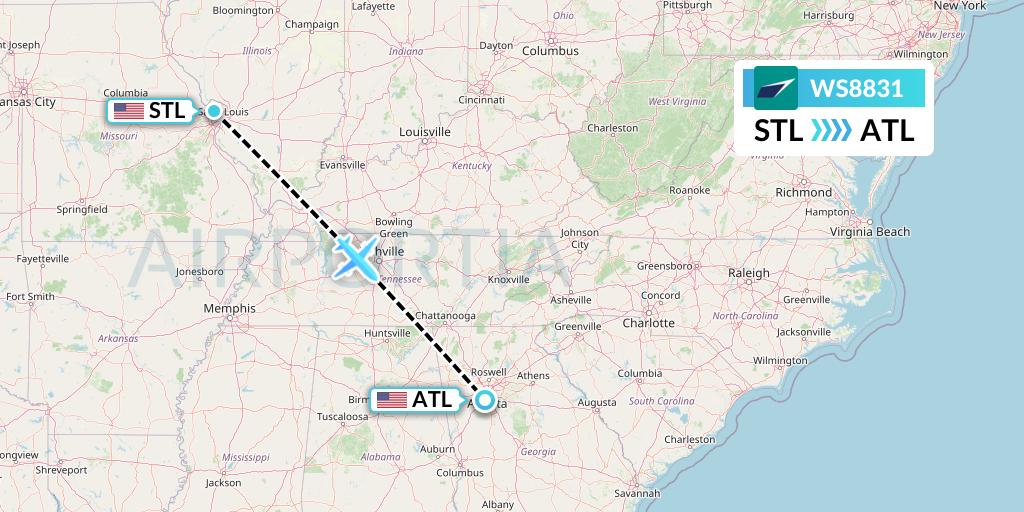 WS8831 WestJet Flight Map: St. Louis to Atlanta