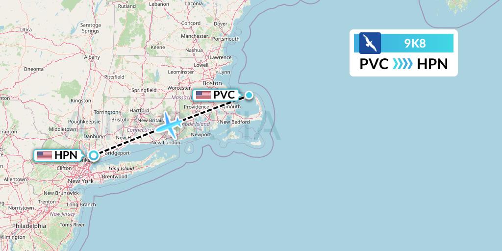 9K8 Cape Air Flight Map: Provincetown to White Plains