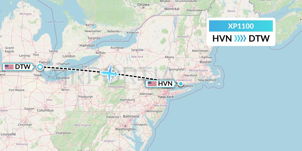XP1100 Avelo Airlines Flight Map: New Haven to Detroit