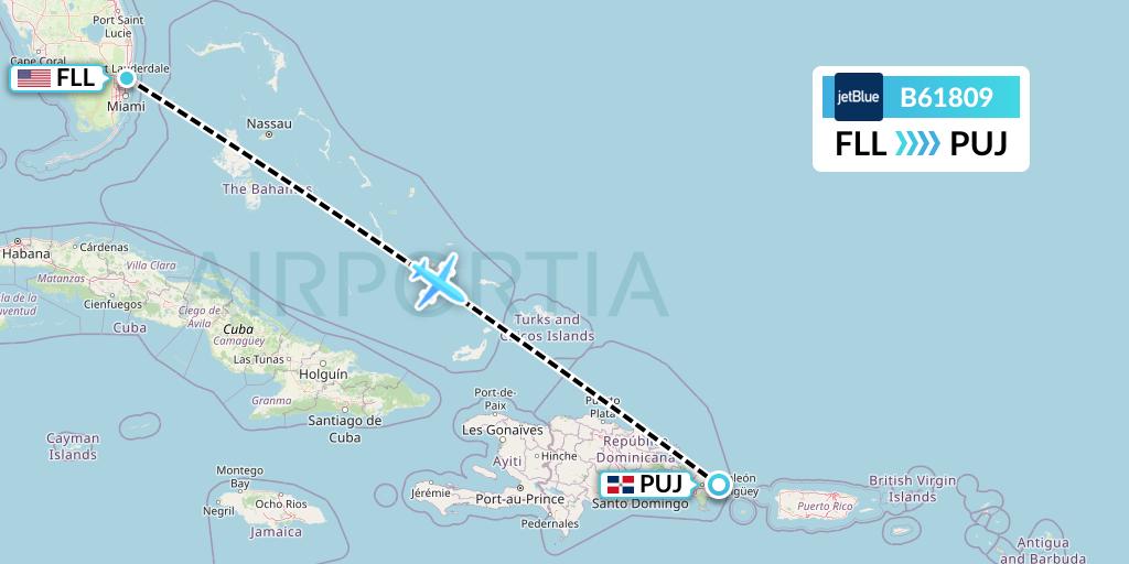 B61809 JetBlue Airways Flight Map: Fort Lauderdale to Punta Cana