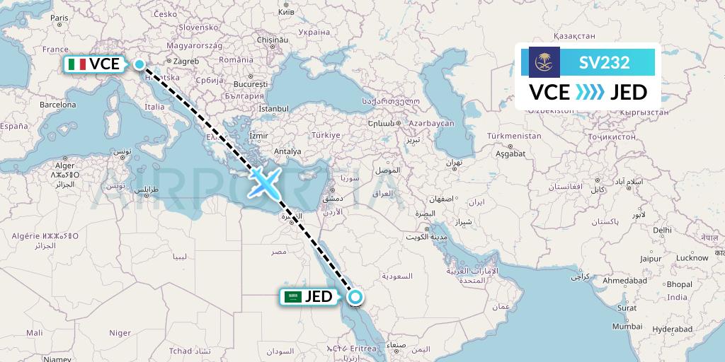 SV232 Saudi Arabian Airlines Flight Map: Venice to Jeddah