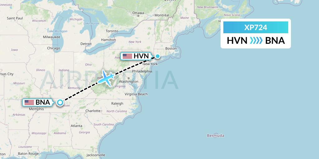 XP724 Avelo Airlines Flight Map: New Haven to Nashville
