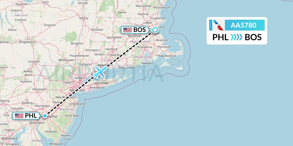 AA5780 American Airlines Flight Map: Philadelphia to Boston