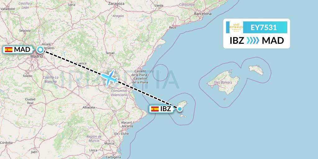 EY7531 Etihad Airways Flight Map: Ibiza to Madrid
