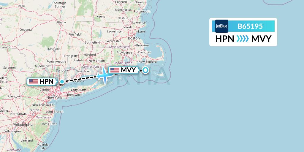 B65195 JetBlue Airways Flight Map: White Plains to Martha's Vineyard
