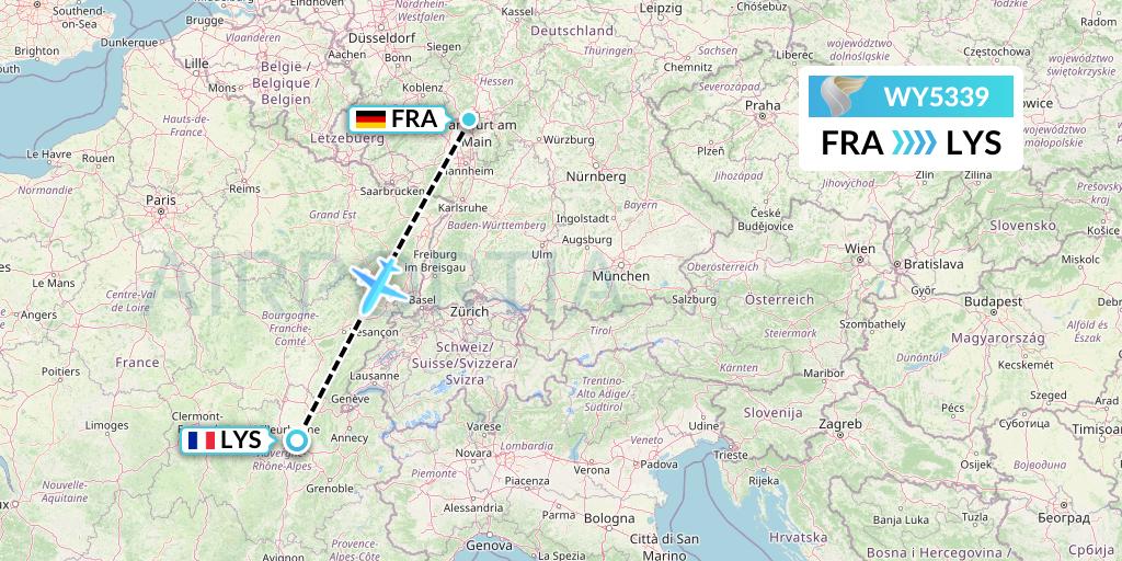 WY5339 Oman Air Flight Map: Frankfurt to Lyon