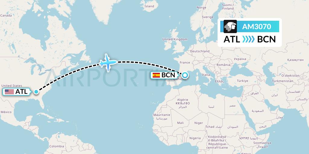 AM3070 Aeromexico Flight Map: Atlanta to Barcelona