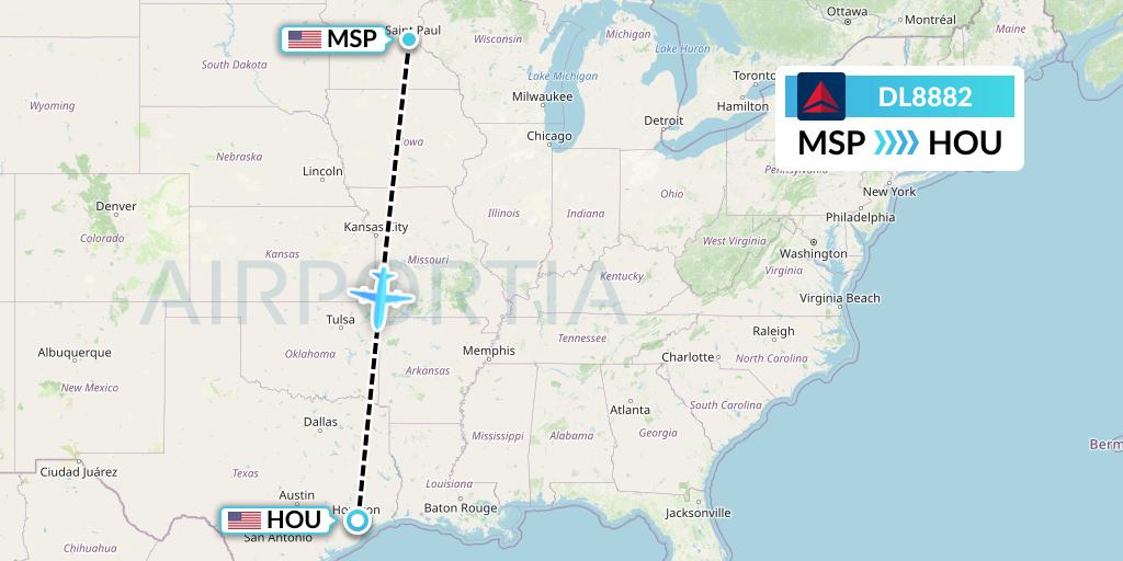 DL8882 Delta Air Lines Flight Map: Minneapolis to Houston