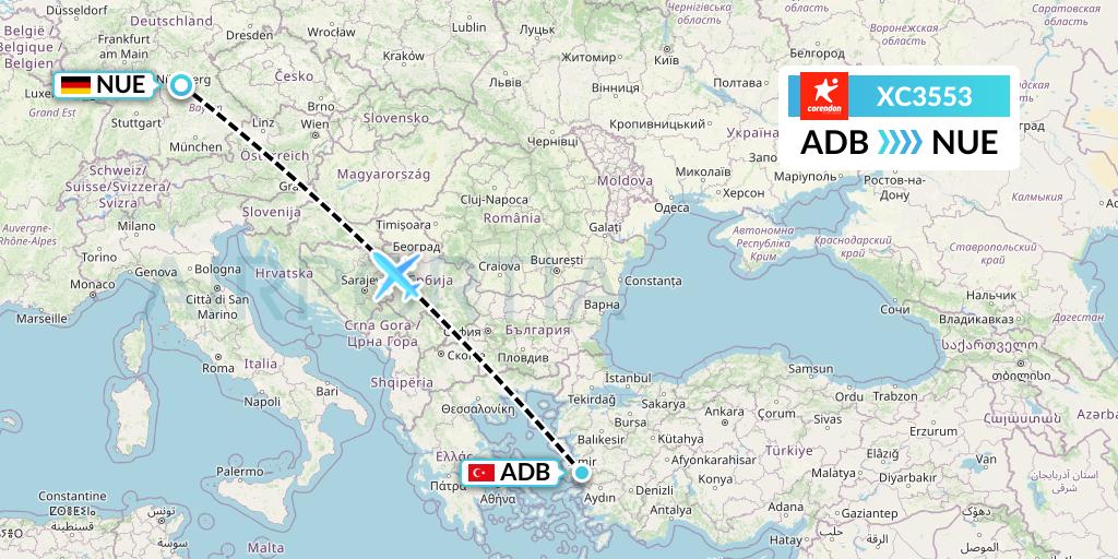 XC3553 Corendon Airlines Flight Map: Izmir to Nurnberg