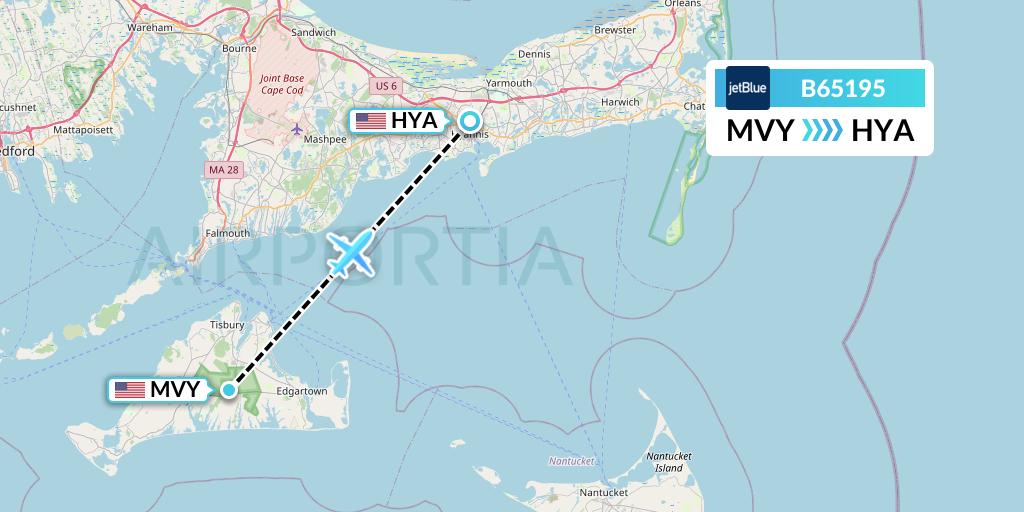 B65195 JetBlue Airways Flight Map: Martha's Vineyard to Hyannis