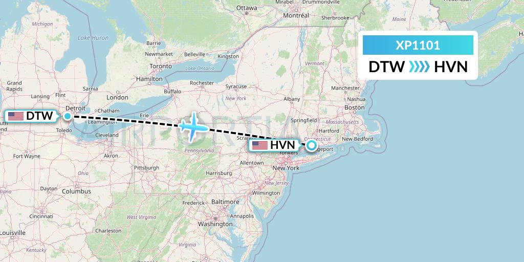 XP1101 Avelo Airlines Flight Map: Detroit to New Haven