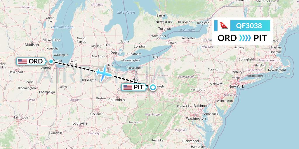 QF3038 Qantas Flight Map: Chicago to Pittsburgh